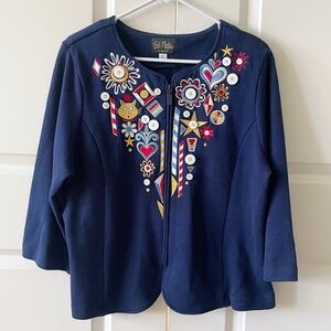 Bob Mackie Wearable Art Jubilation Cat Heart Flower Folk Art Embroidered Jacket